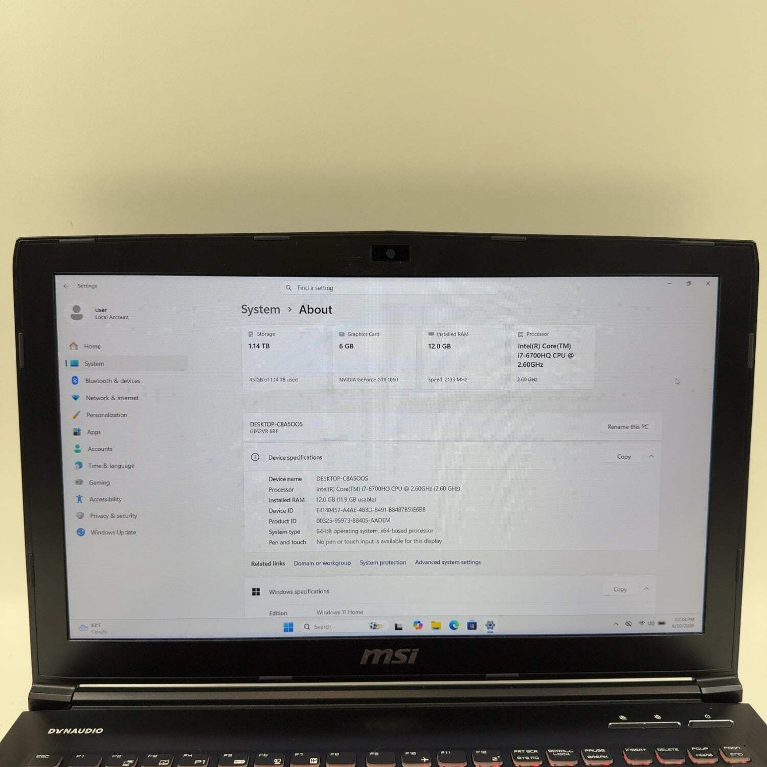 MSI Sword 15 GE62VR i7-6700HQ 12GB RAM 1TB HDD 256GB SSD GeForce GTX 1060