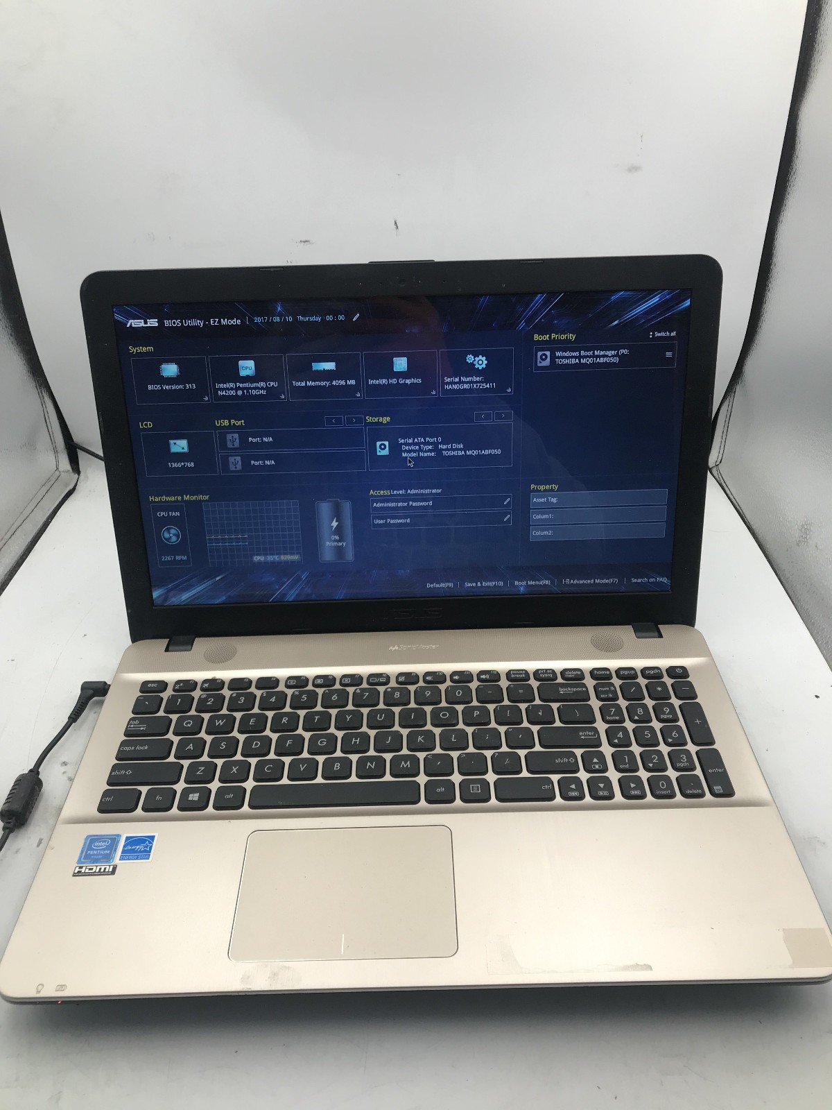 ASUS X541N – BOOTS TO BIOS – INTEL PENTIUM N4200 – 4GB RAM – READ DESCRIP – BB!