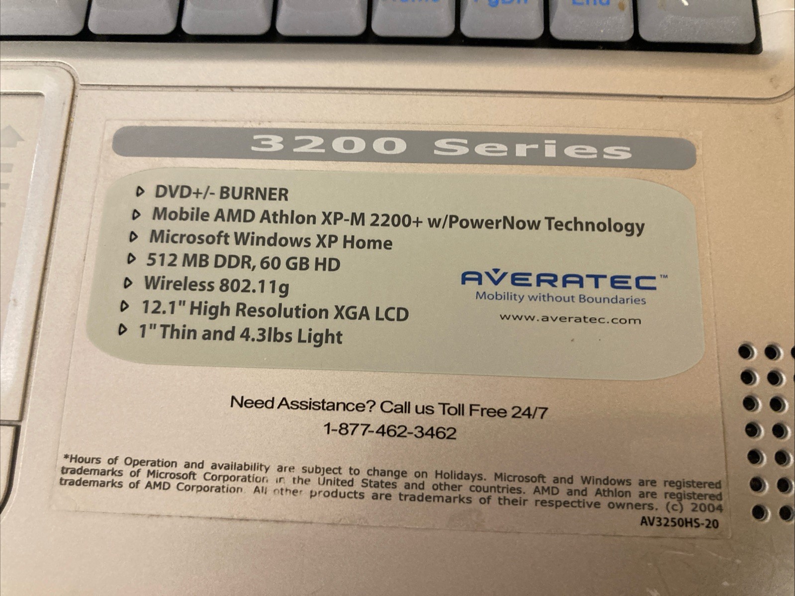 💻 Averatec 3200 💾 AMD Athlon XP-M 2000+ 512MB RAM🔋Turns On | No HDD | Vintage