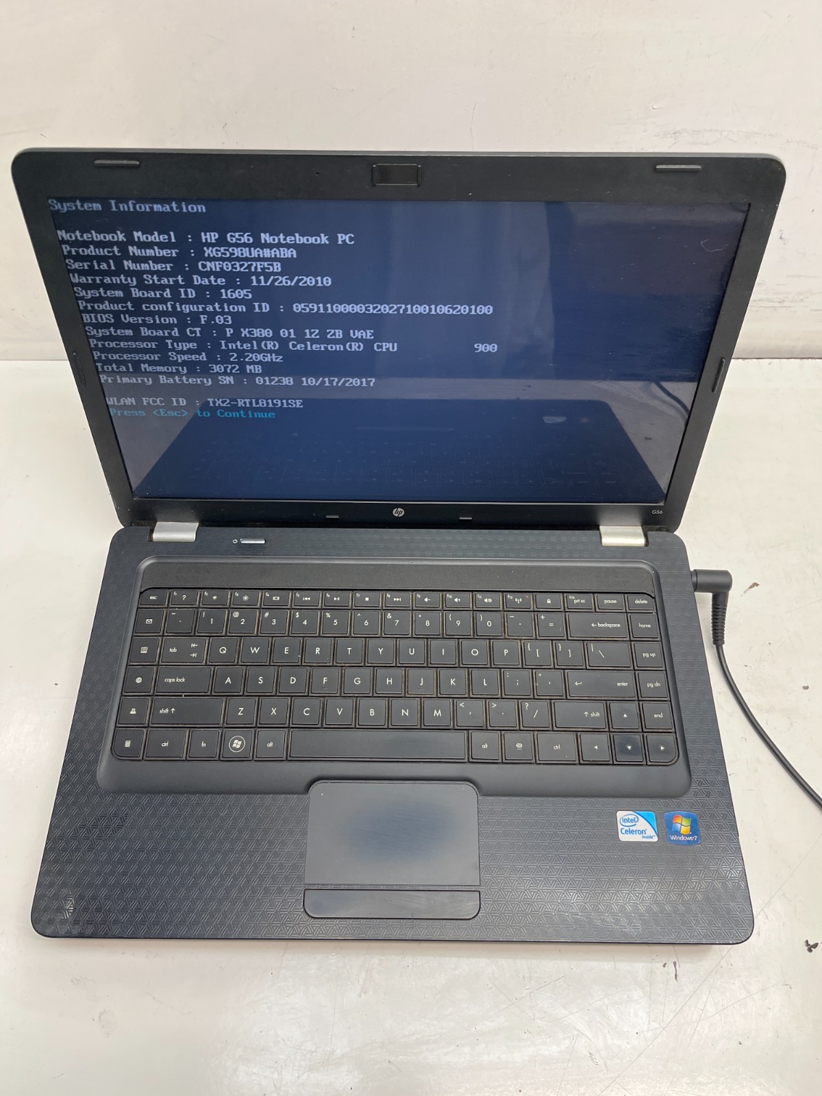 HP G56-129WM Intel Celeron 2.20GHz 3GB NO HDD