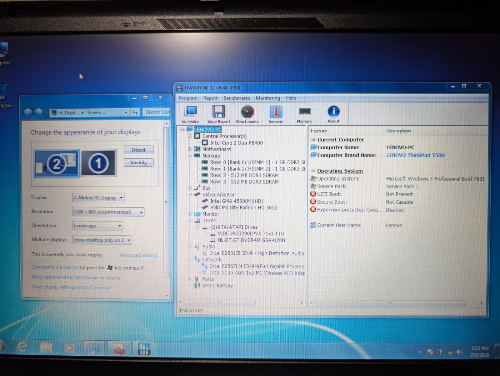 Lenovo ThinkPad T500 | C2D P8400 3GB RAM 320GB HDD | DVD AMD Win 7 Pro 32-Bit