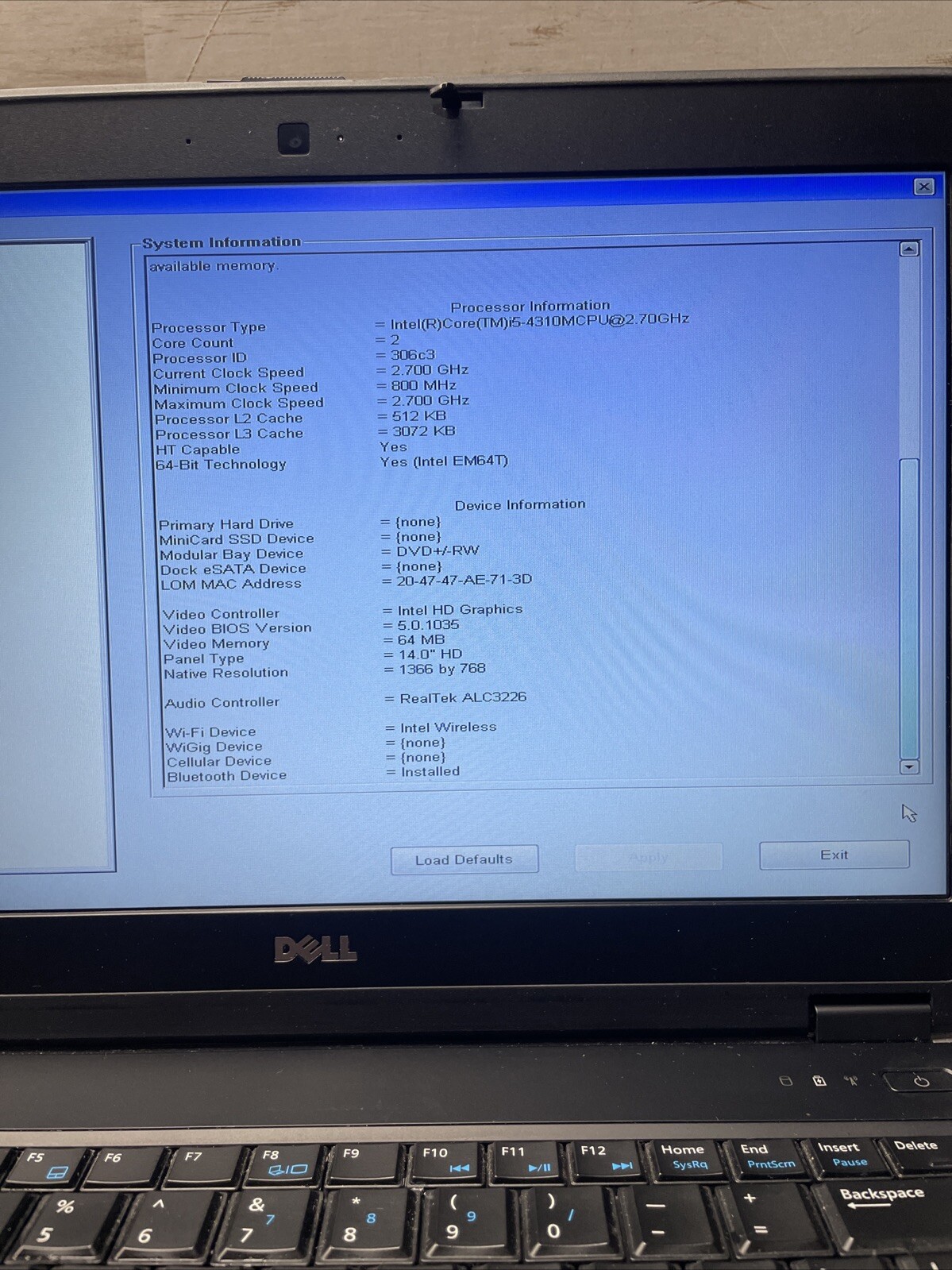 *PARTS Dell Latitude E6440 Intel Core i5 4310M 2.70GHz 4GB RAM No HDD/OS/BATTERY