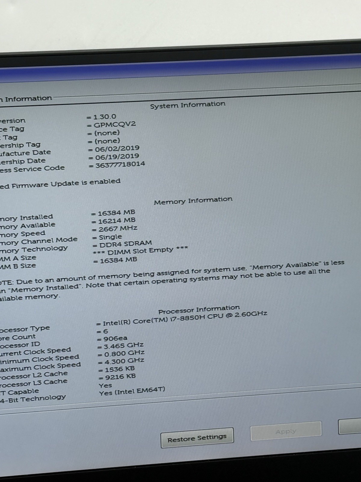 Dell Precision 5530 15.6” FHD Intel I7-8850H 2.60GHz 16GB RAM P2000 READ