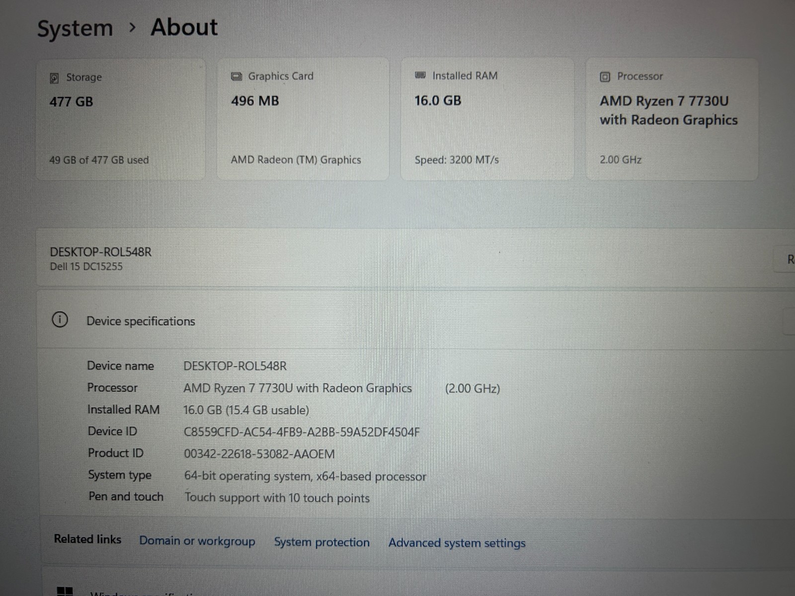 DELL 15 DC15255 G8MK9, AMD Ryzen 7 7730U, 2.00 GHz, 16 GB RAM, 512 GB NVMe SSD