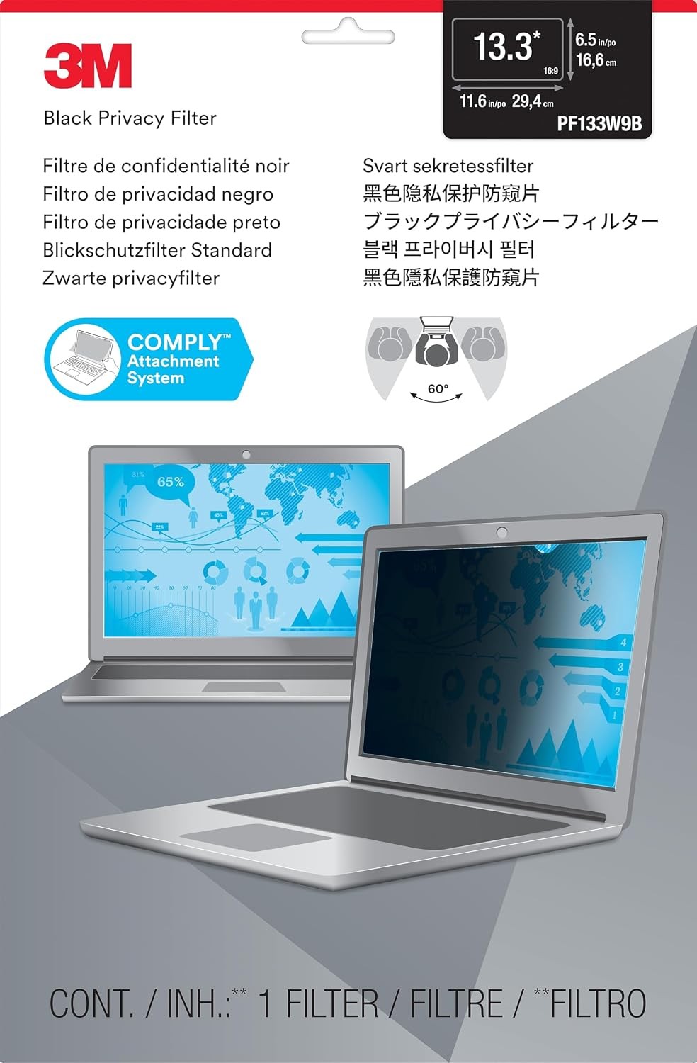 3M Privacy Filter for 13.3 Inch Widescreen Laptop, Reversible Gloss/Matte Finish