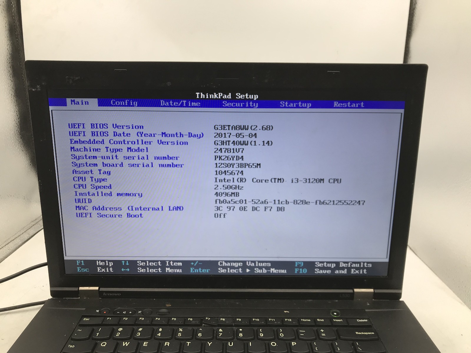 LENOVO THINKPAD L530 – BOOTS TO BIOS – INTEL I3 3120M – NO RAM – READ DESC- BB!