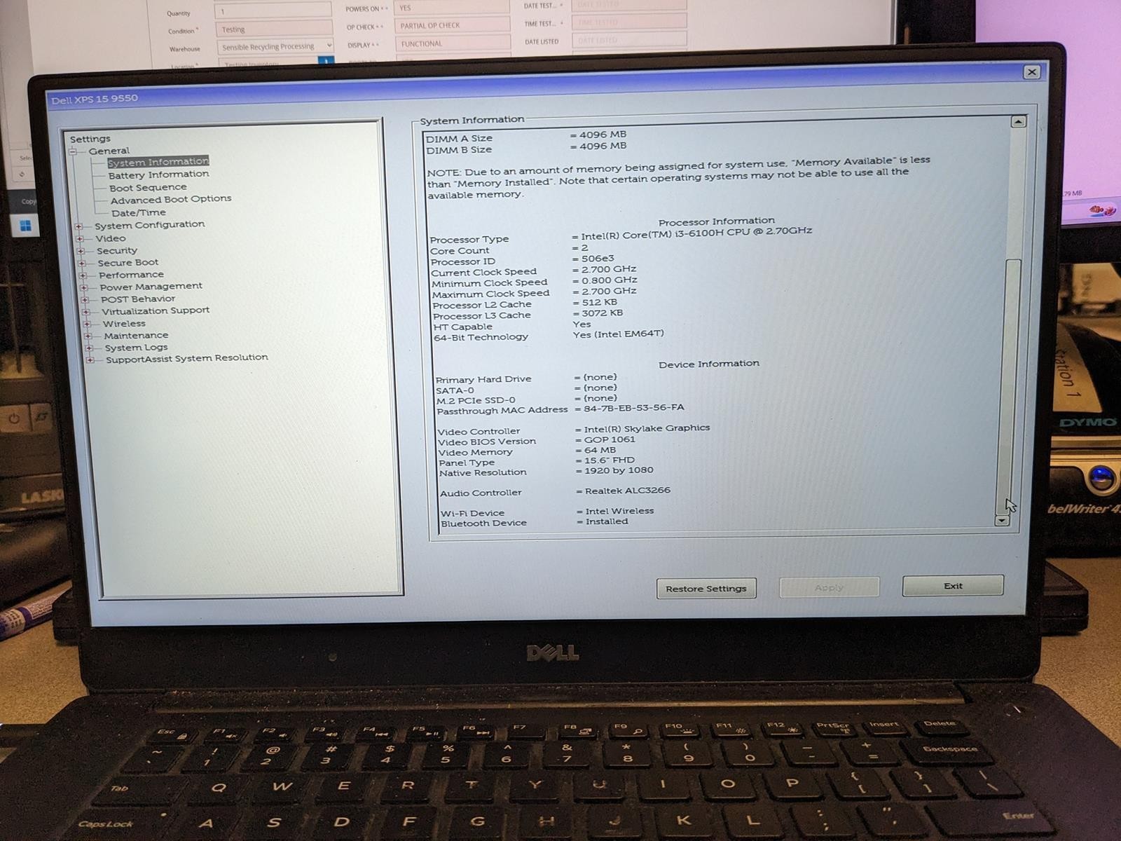 DELL XPS 15 9550 i3-6100H @ 2.70GHz, 8GB RAM, NO HDD/OS