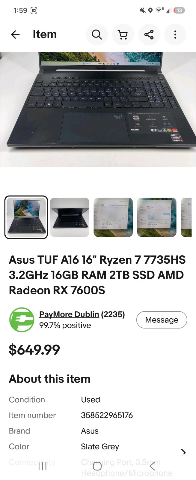 ASUS TUF Gaming A16 Advantage Edition Laptop Ryzen 7 Radeon RX 7600s 16GB RAM
