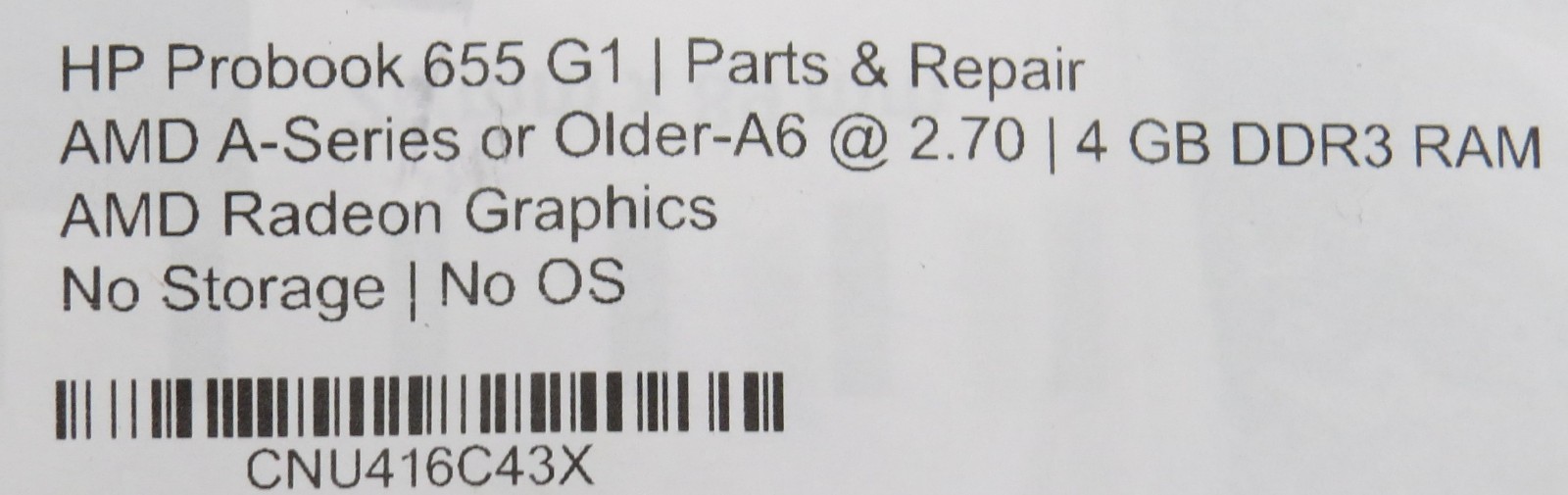 HP Probook 655 G1 | AMD A6 @ 2.7GHz | 4GB DDR3 | AMD Radeon | 15.6″ display | No