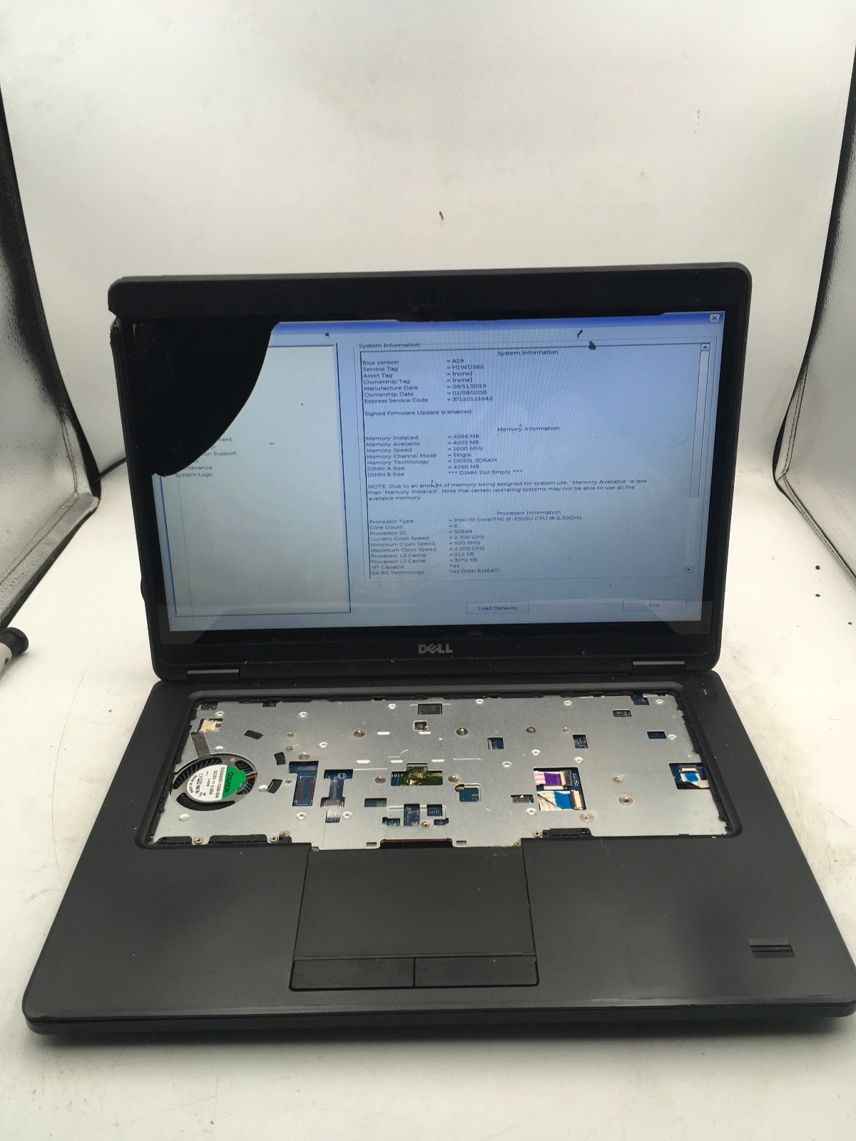 DELL LATITUDE E7450 – BOOTS TO BIOS/BAD LCD – INTEL I5 5300U – NO RAM – READ -BB
