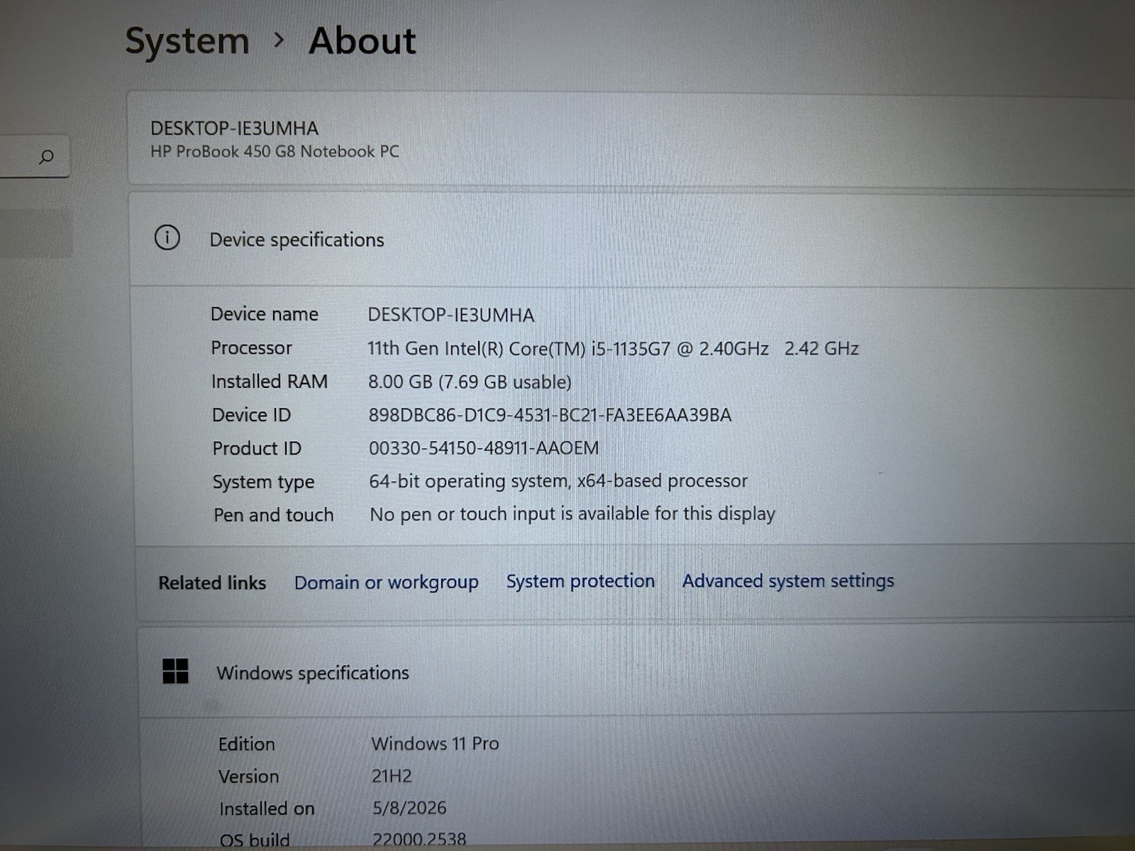 HP ProBook 450 G8 14” FHD i5-1135G7 2.4GHz 8GB RAM 256GB NVMe W11Pro Office 16