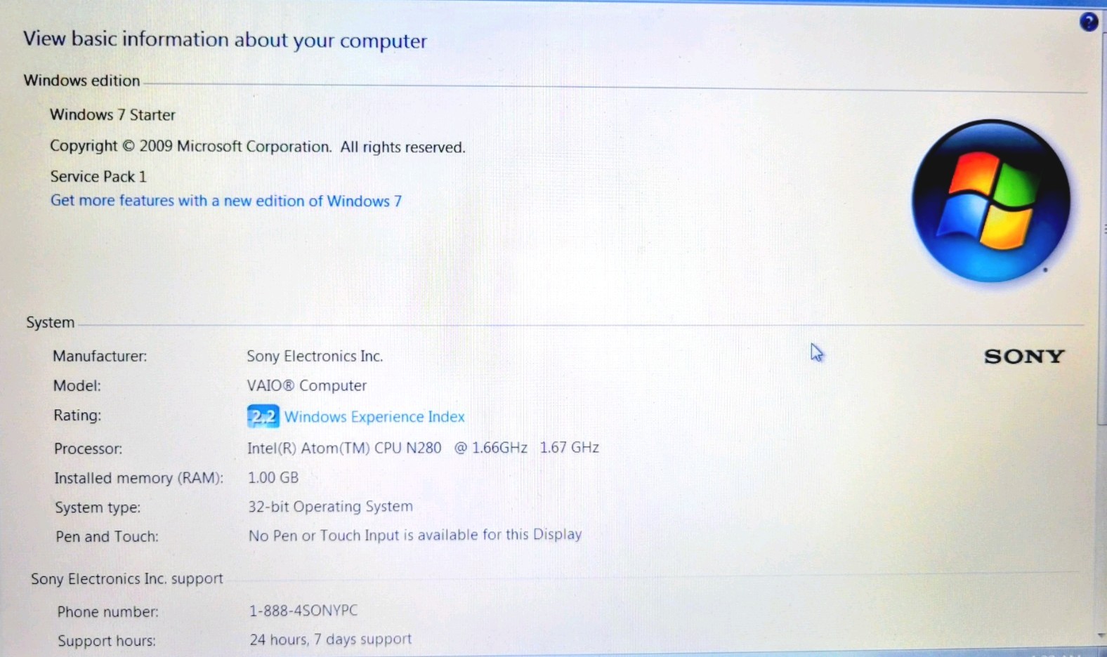 SONY VAIO VPCW121AX 10.1”LED 1.67GHz W Series Mini Notebook