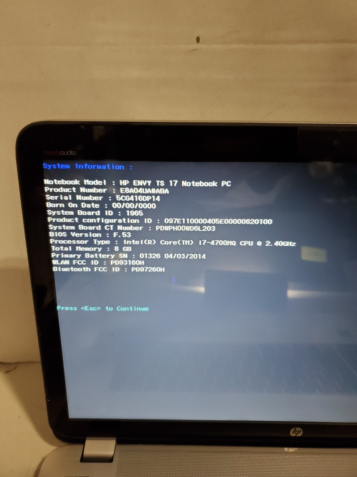 HP ENVY TS 17 CORE i7-4700MQ 8GB RAM No HDD/SSD/OS! BIOS PW! #69
