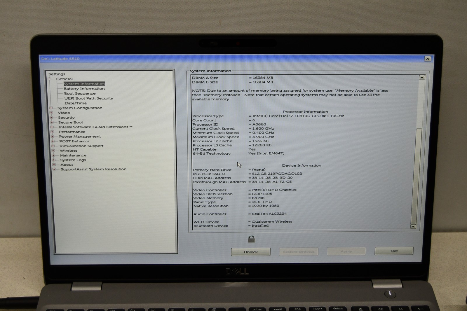 ^ Dell Latitude 5510 15.6″ i7-10810U @ 1.10 GHz 32 GB Ram 512GB SSD BIOS Locked