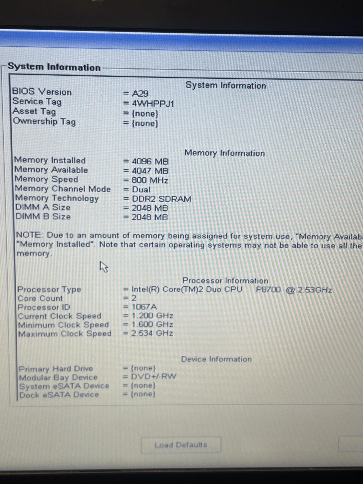 *PARTS* Dell Latitude E6500 Intel C2D P8700 2.53GHz 4GB RAM No HDD/OS/BATT