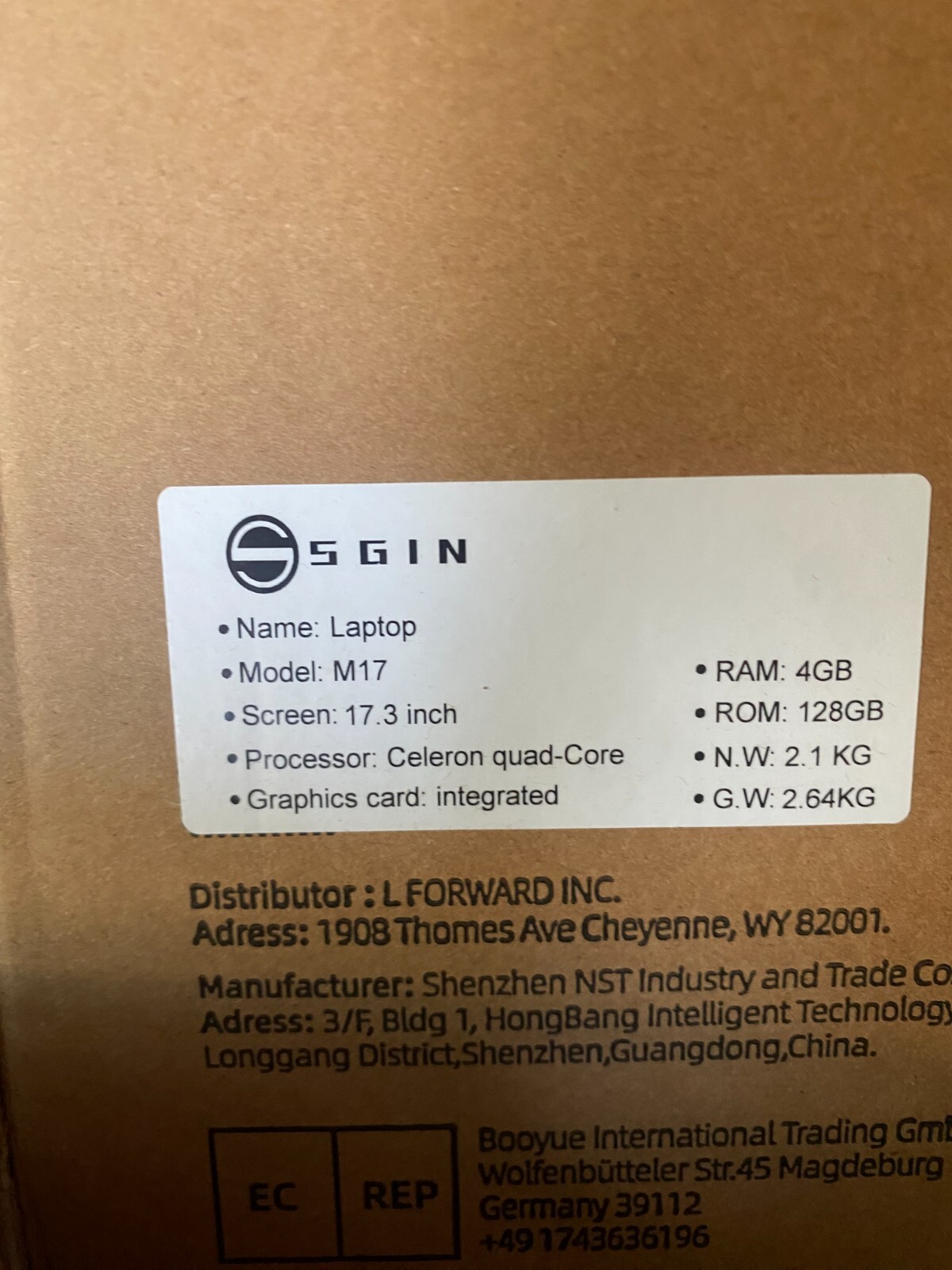 SGIN 17 inch Laptop 4GB DDR4 128GB SSD Windows 11