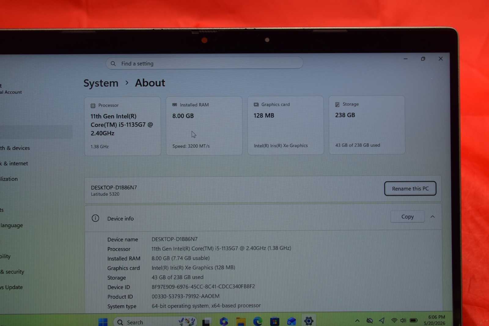 Dell Latitude 5320 Used 13.2″ i5-1135G7, 256GB NVMe, 8GB RAM, Touchscreen