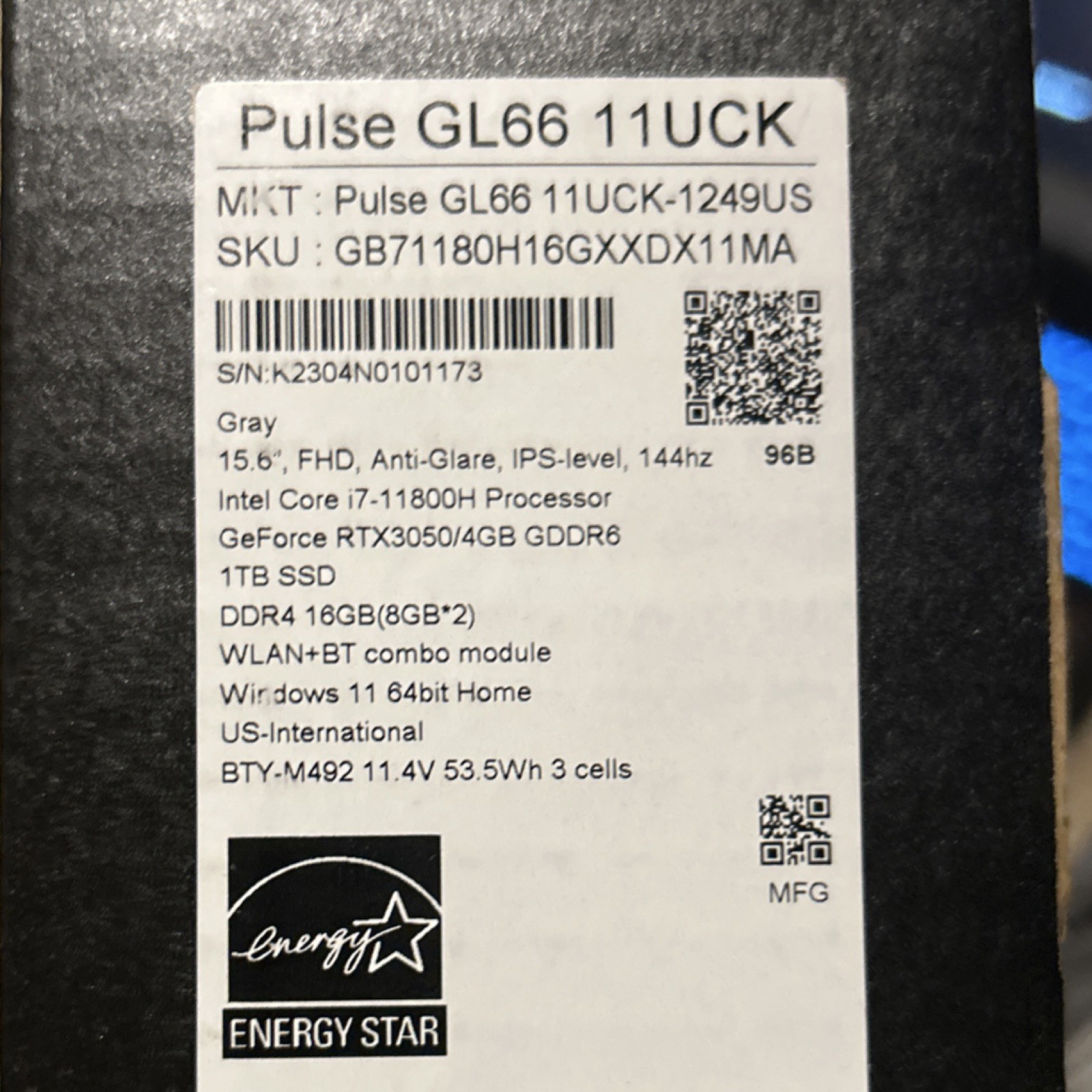 MSI Pulse GL66 11UCK i7-11800H 16GB 160GB SSD RTX, 15.6in, Windows 11 Home