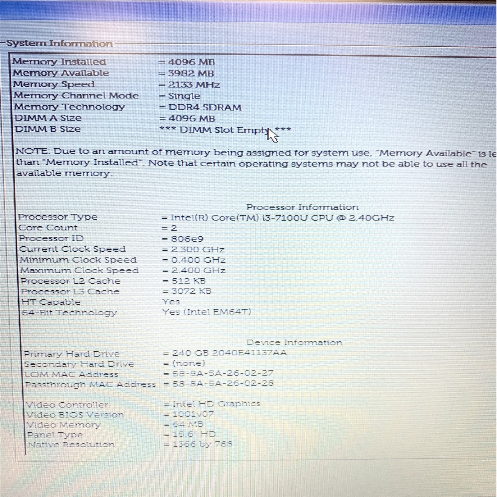 Dell Latitude 3580 15.6″ HD Intel i3-7100U 2.40 GHz 4GB DDR4 No Drive, AC, Fair