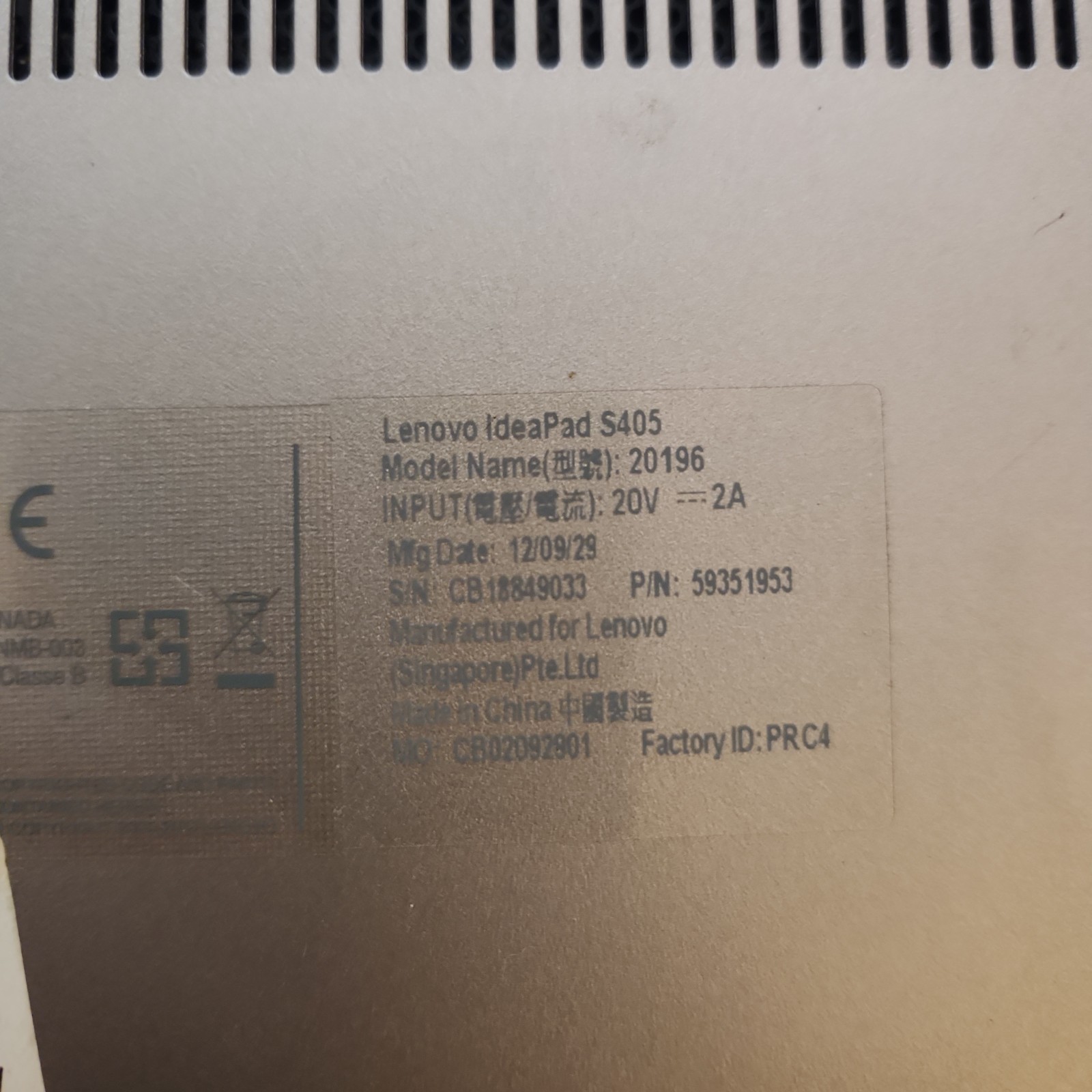 Lenovo Ideapad S405 Laptop. Parts/Repair. No Battery Or Power Cord.