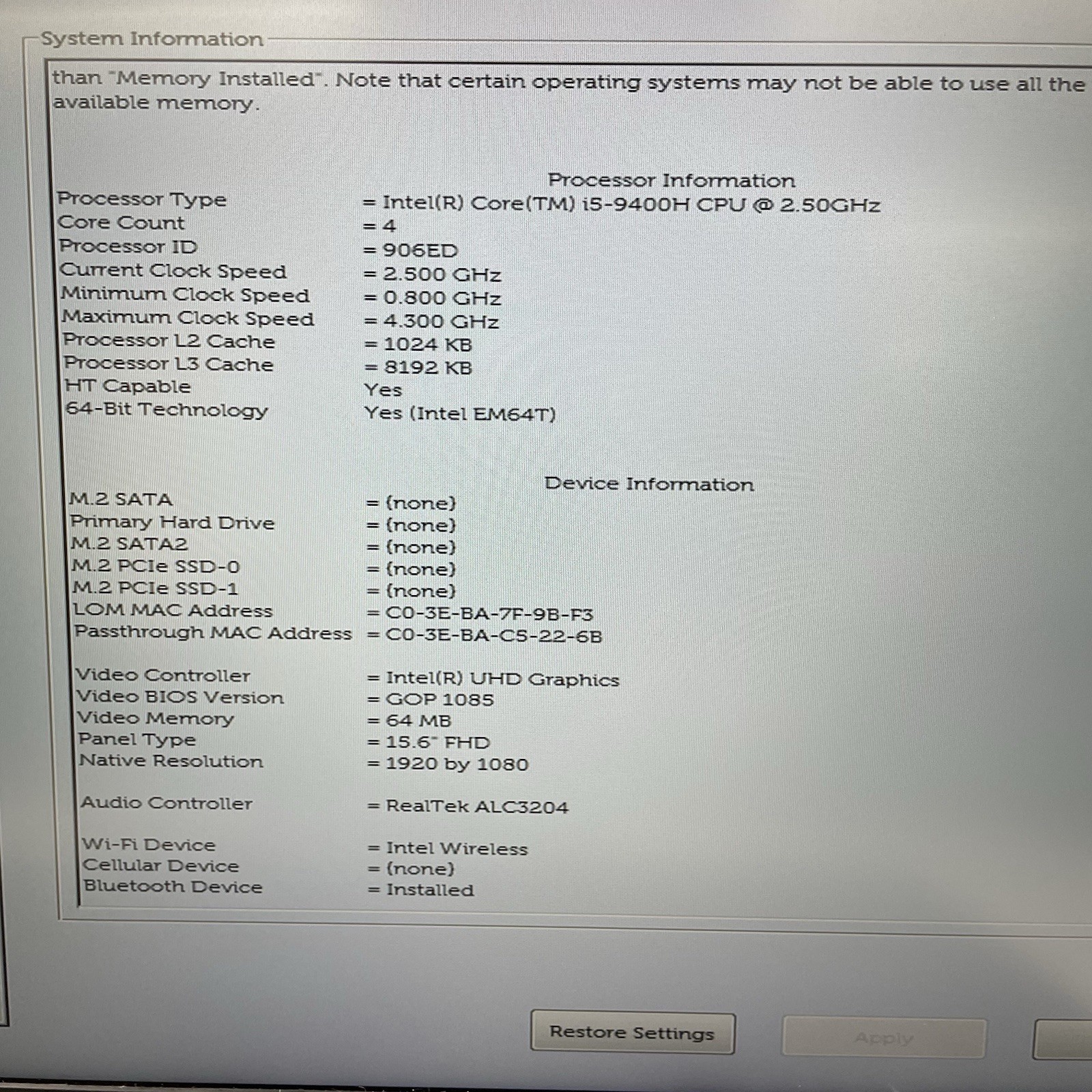 Dell Latitude 5501 15.6″ i5-9400H 2.50 GHz 8 GB RAM No SSD/OS/AC/Battery