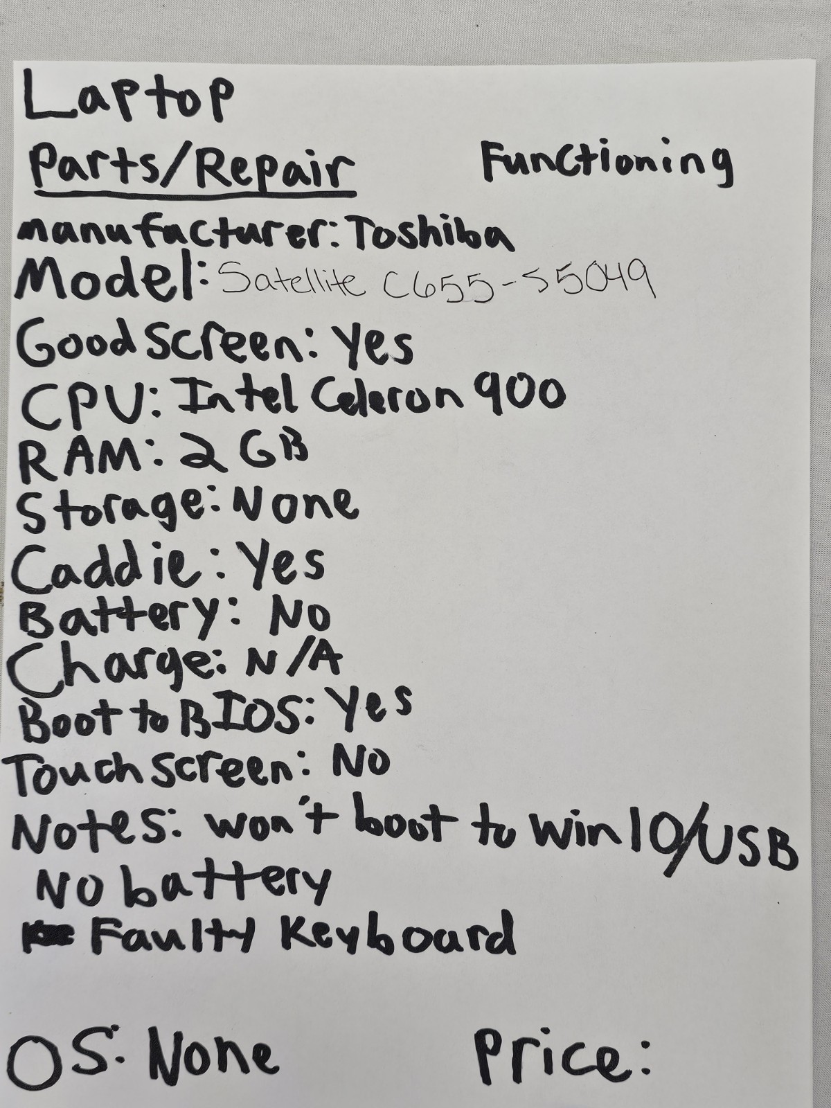 Toshiba Satellite C655-S5049 Laptop – Intel Celeron 900 – 2GB RAM – Parts – READ