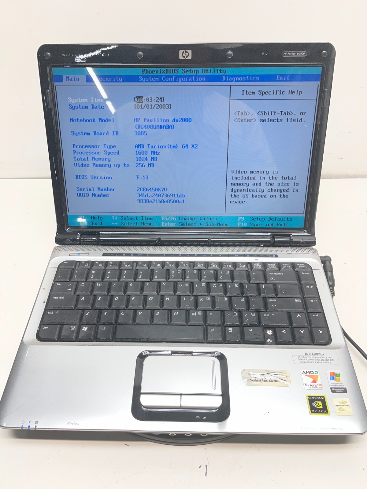 Hp Pavilion dv2000 AMD Turion 64 x2 1GB NO HDD READ