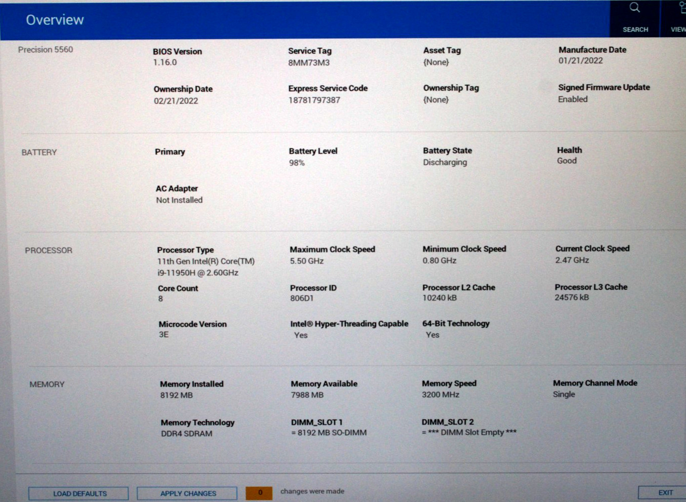 Dell Precision 5560 15.6″ Touch i9-11950H 8GB RAM 256GB SSD NIVIDIA RTX A2000