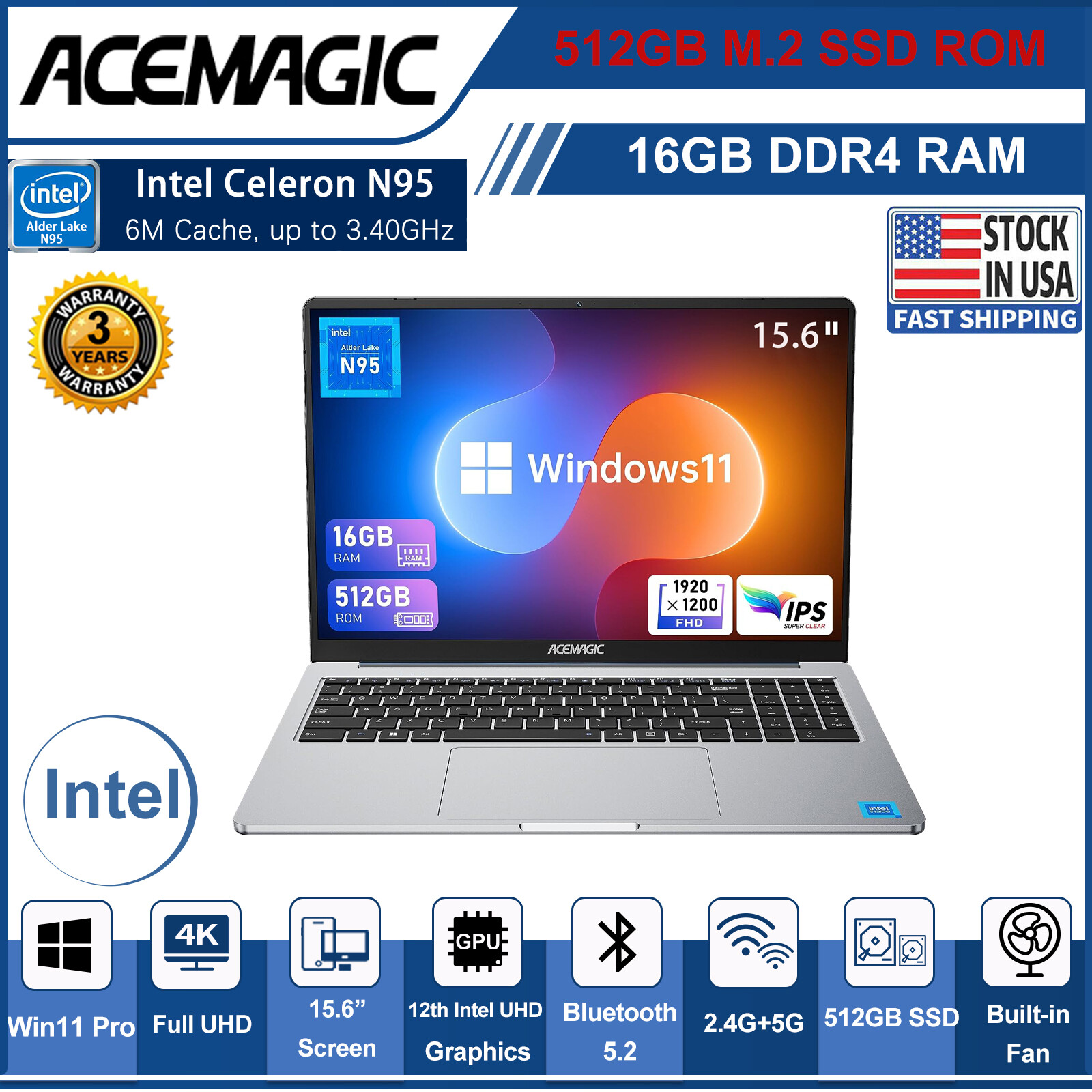 ACEMAGIC OFFICE Laptop Netbook INTEL N-95 16GB RAM 512GB ROM WiFi/BT ACER OEM