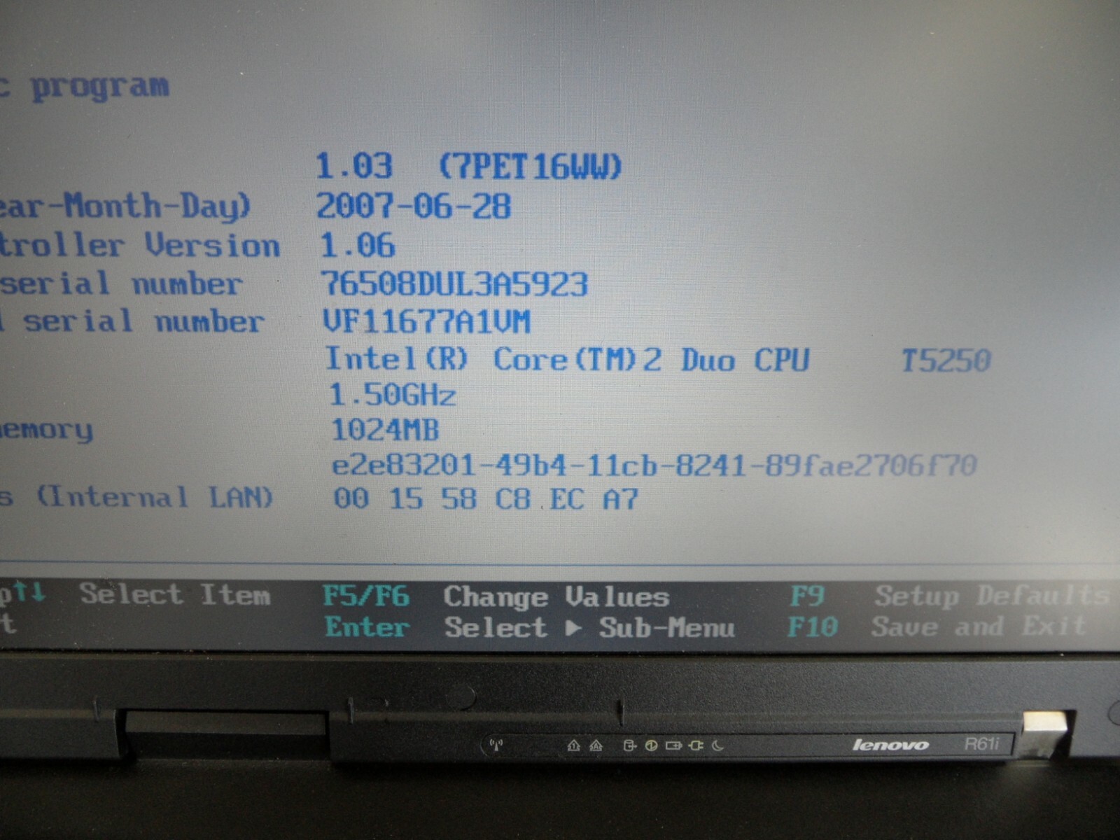 Lenovo Thinkpad R61i For Parts Posted Bios No Hard Drive