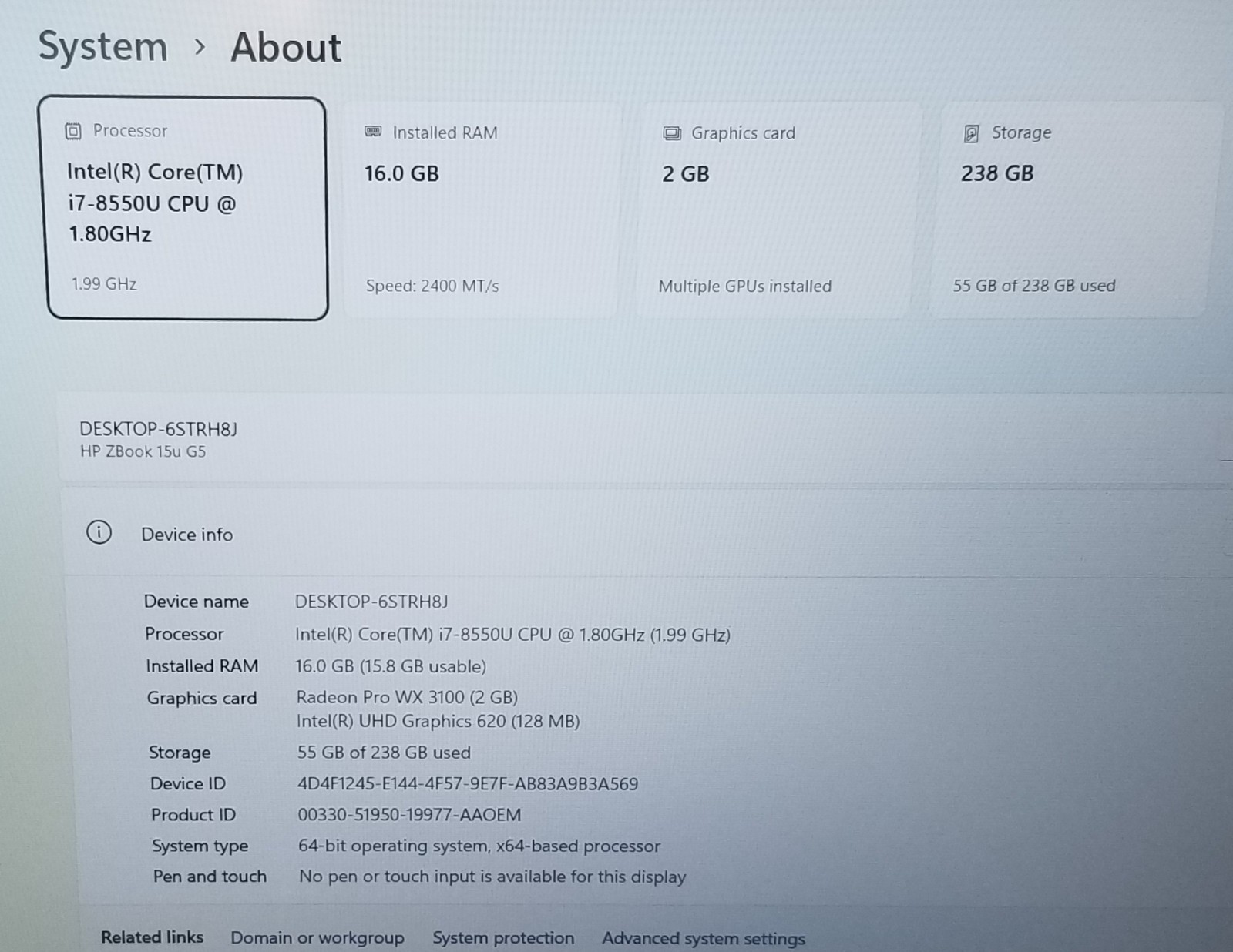 HP Zbook 15u G5 15.6″ Laptop i7-8550U,16GB RAM 256GB SSD PRO WX 3100 WIN 11 PRO