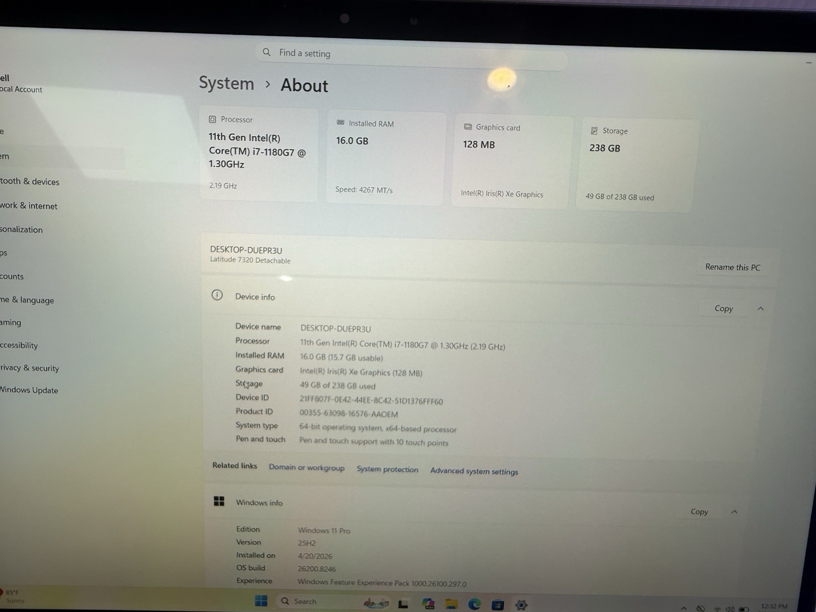 Dell Latitude 7320 Detachable Touchscreen i7-1180G7 16GB RAM 256 SSD Window 11p