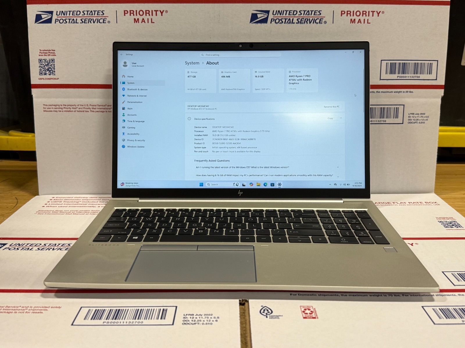 HP EliteBook 855 G7 AMD 7 Pro 4750U 1.70GHZ 16GB M2512SSD Windows 11