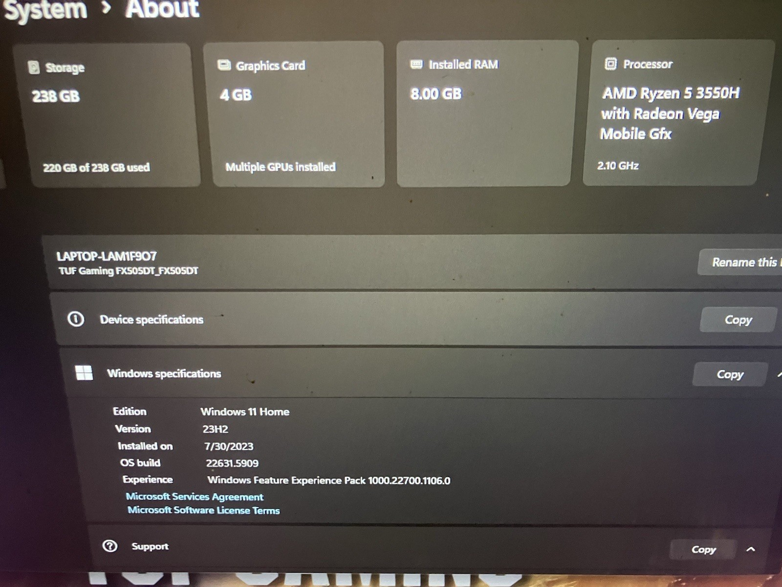 ASUS TUF FX505DT Gaming Laptop 15.6 AMD Ryzen 5 GTX 1650 FOR PARTS(POWERS ON)