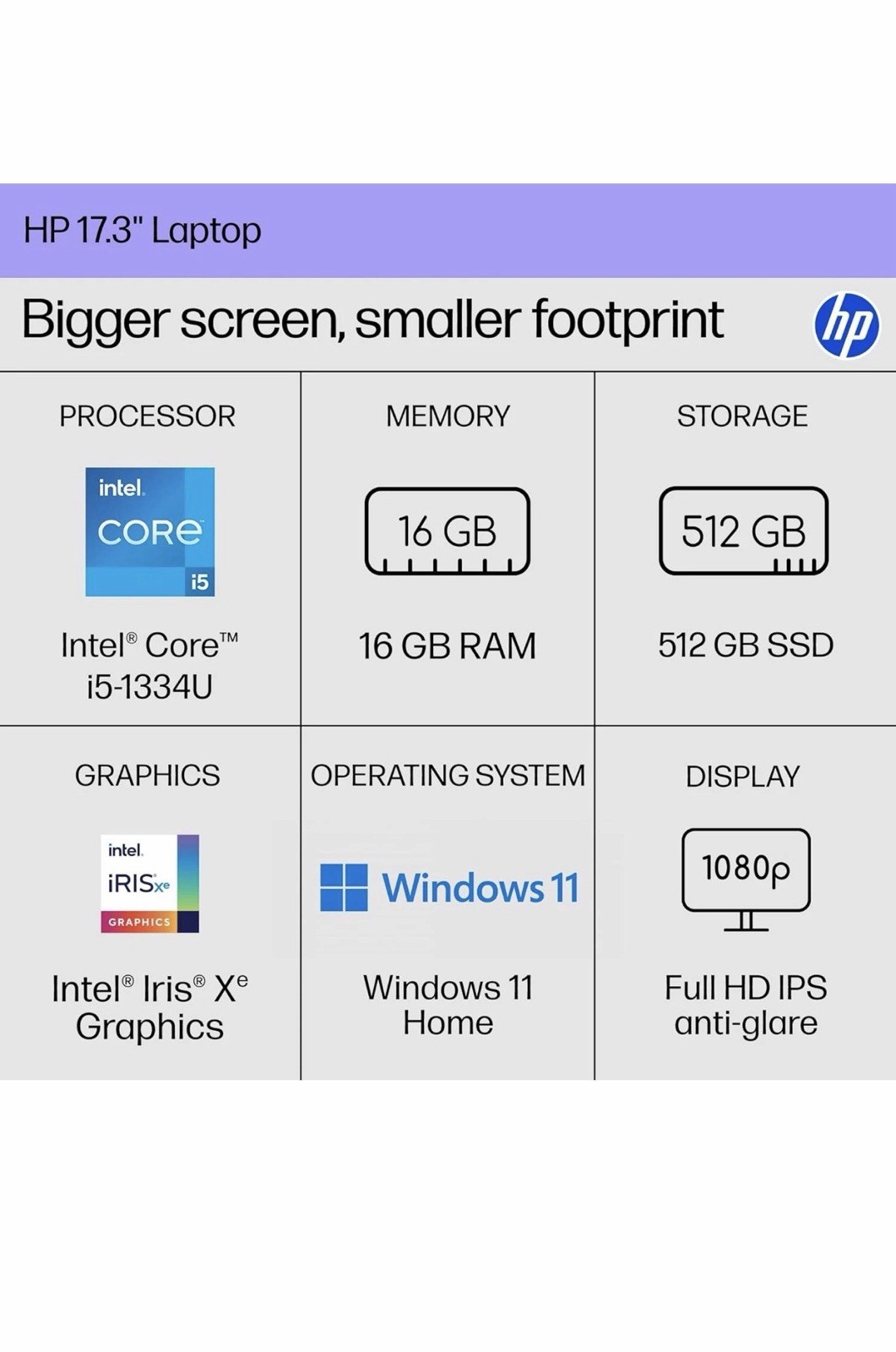 HP 17.3″ FHD Laptop Intel Core i5-1334U, 16 GB RAM, 512 GB SSD 17-cn3399nr
