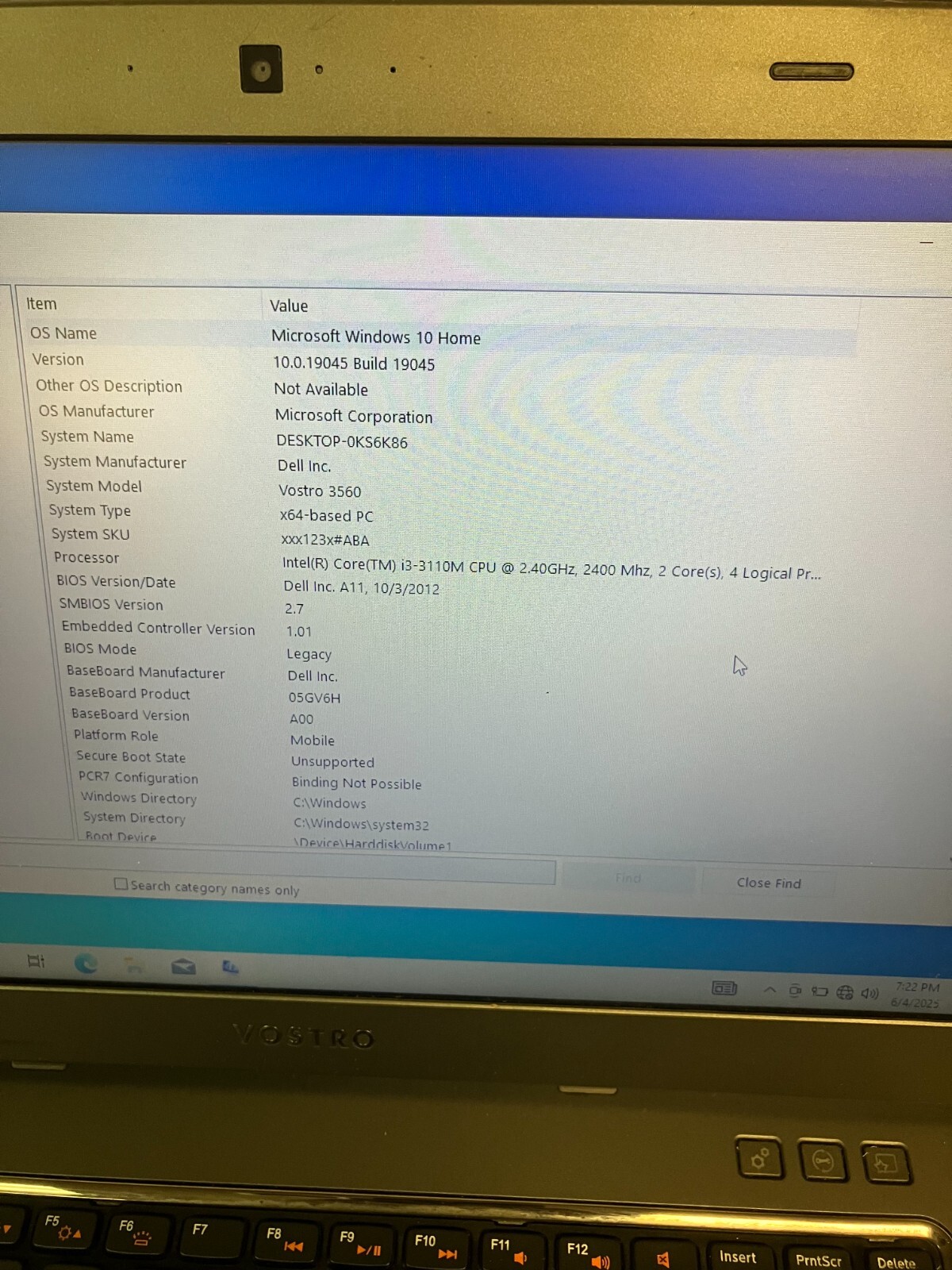 DELL VOSTRO 3560 Laptop Intel Core i3-3110M 2.40 GHZ + 4 GB 300GB HD, FOR PARTS