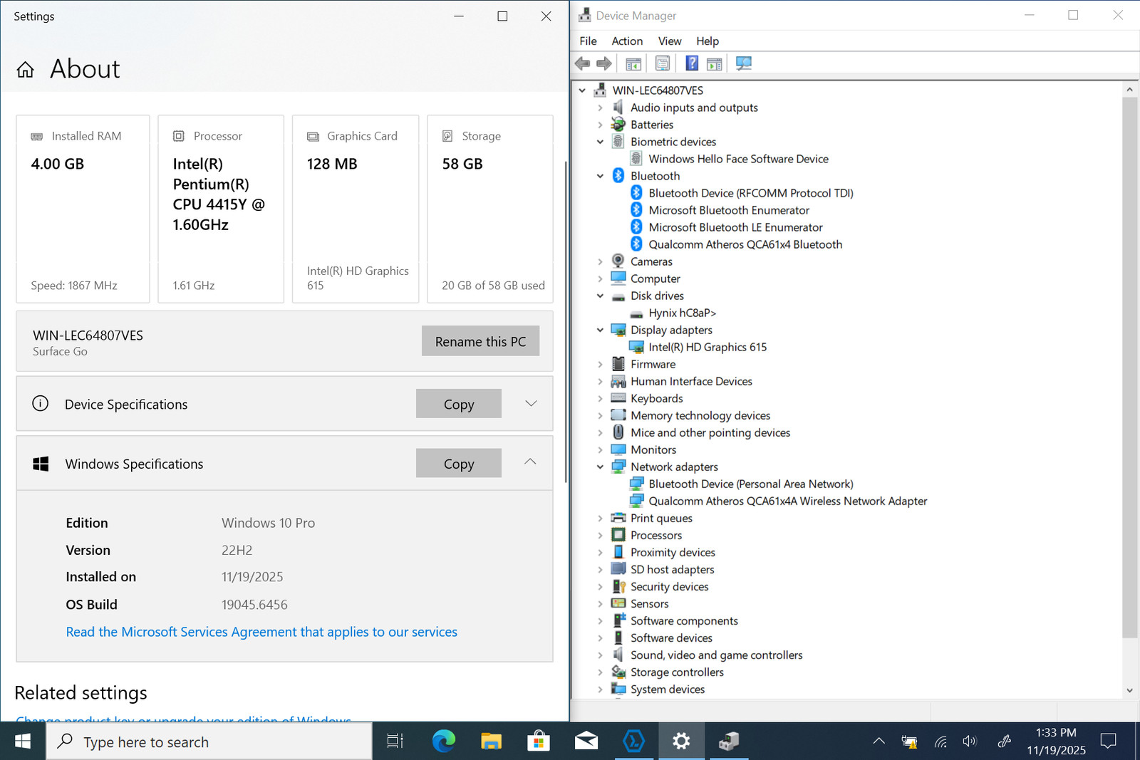 Microsoft Surface Go 2-in-1 10″ 1800 x 1200 Touch PENTIUM 4415Y 4GB W10P *READ*