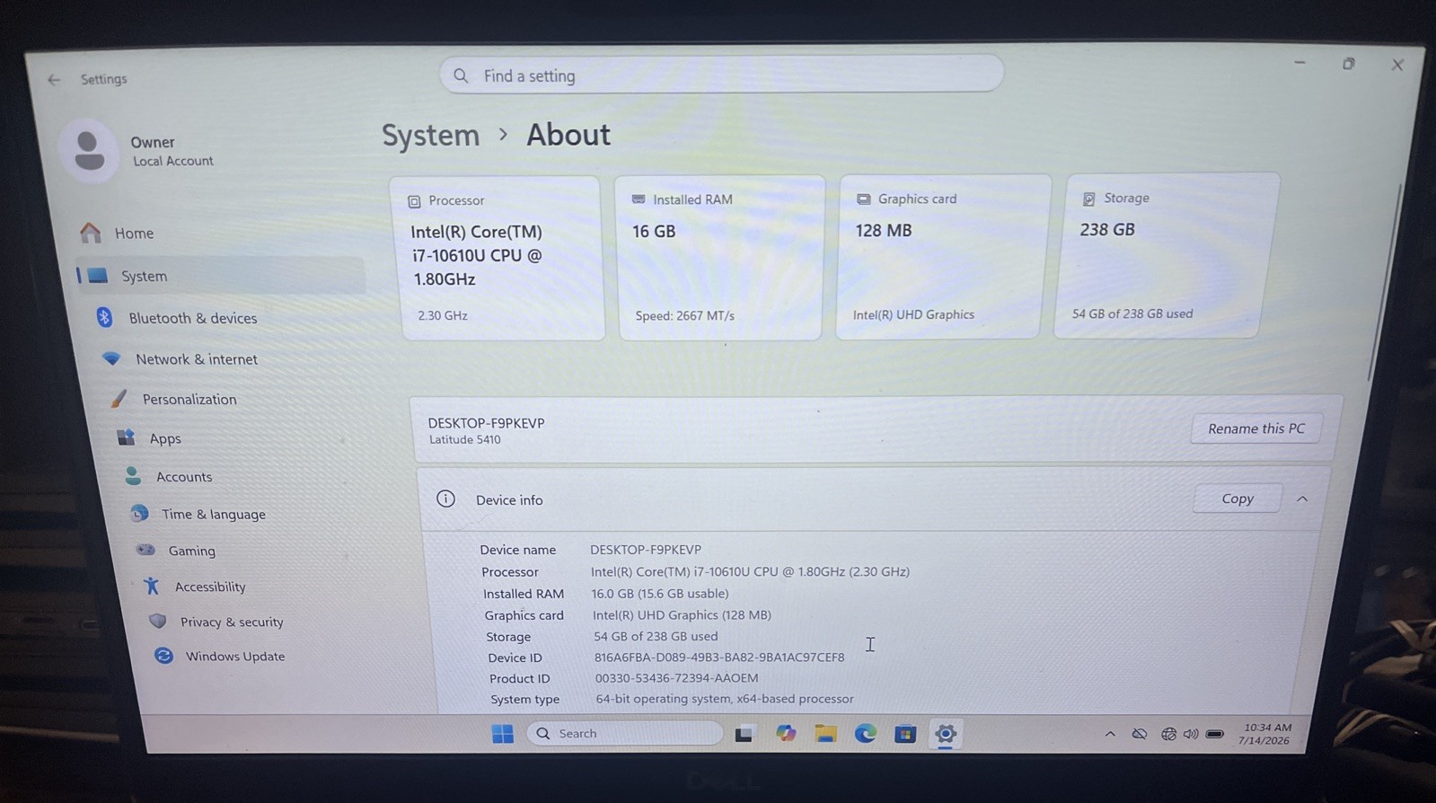Dell Latitude 5410 i7-10610U@1.80GHz, 16GB RAM, 256GB M2, Win 11 Pro *READ*