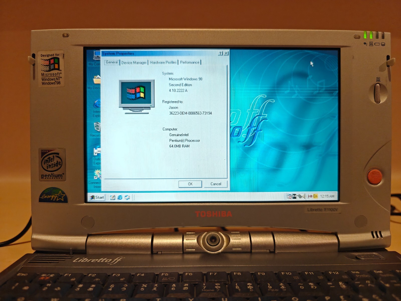 Toshiba Libretto ff1100v P266MHz 64MB, 32GB HD 2X Win98 w/CD-ROM & Lots More IOB