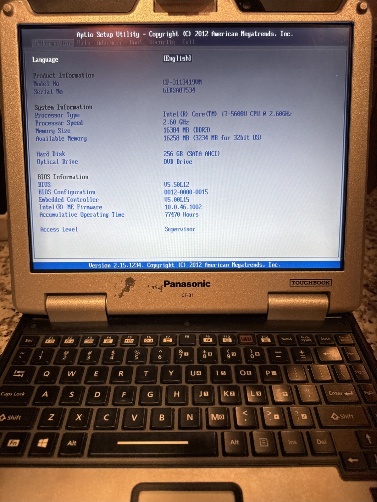 Panasonic Toughbook CF-31 MK5 i7-5600U 2.60GHz|16GB RAM|256GB HDD|NoOS|NoCharger