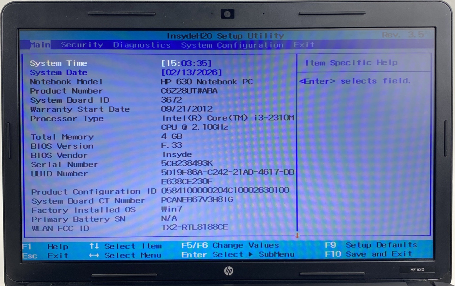 HP 630 Intel Core i3-2310M 2.10GHz 4GB RAM 15.6″ No Battery No HDD No OS