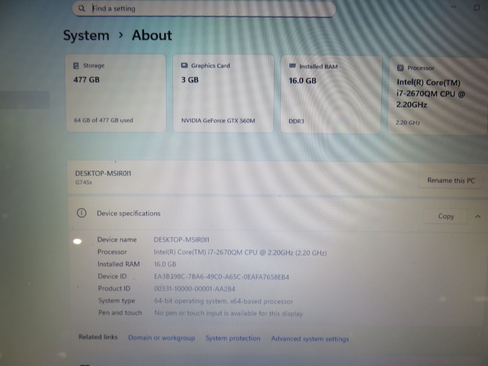 Asus ROG G74S i7-2630QM 2.4GHz 16GB 512GB SSD WINDOWS 11 PRO – READ