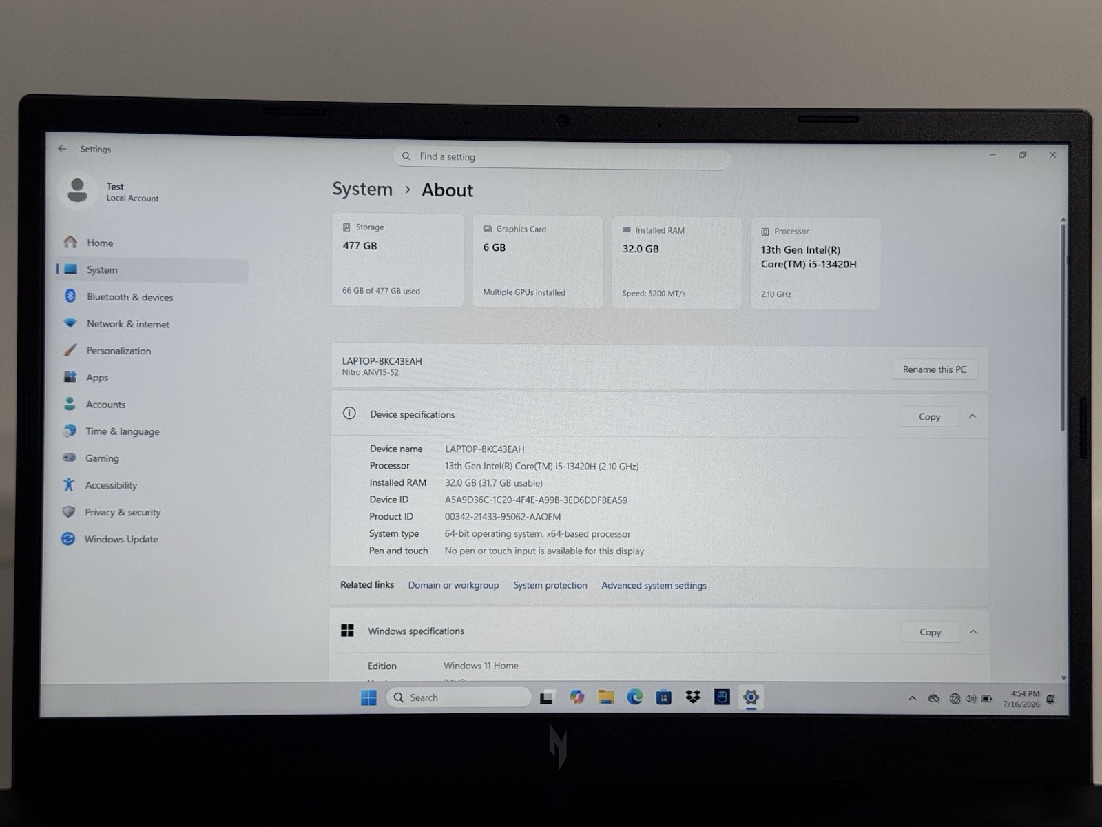 Acer Nitro V 15 ANV15-52 15.6″ 144Hz i5-13420H 2.1GHz 32GB DDR5 512GB RTX 4050