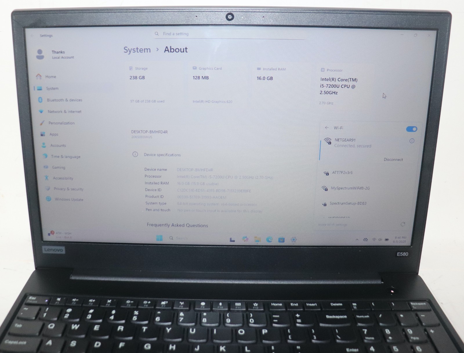 Lenovo ThinkPad E580|Intel Core i5@2.50 GHz|16GB RAM|256GB SSD|Win11|Webcam