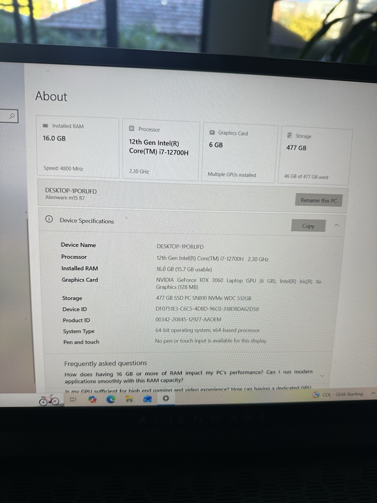 Alienware m15 R7 i7-12700H 16GB RTX 3060 15.6in 512GB SSD Win 11 + Mouse, Coole