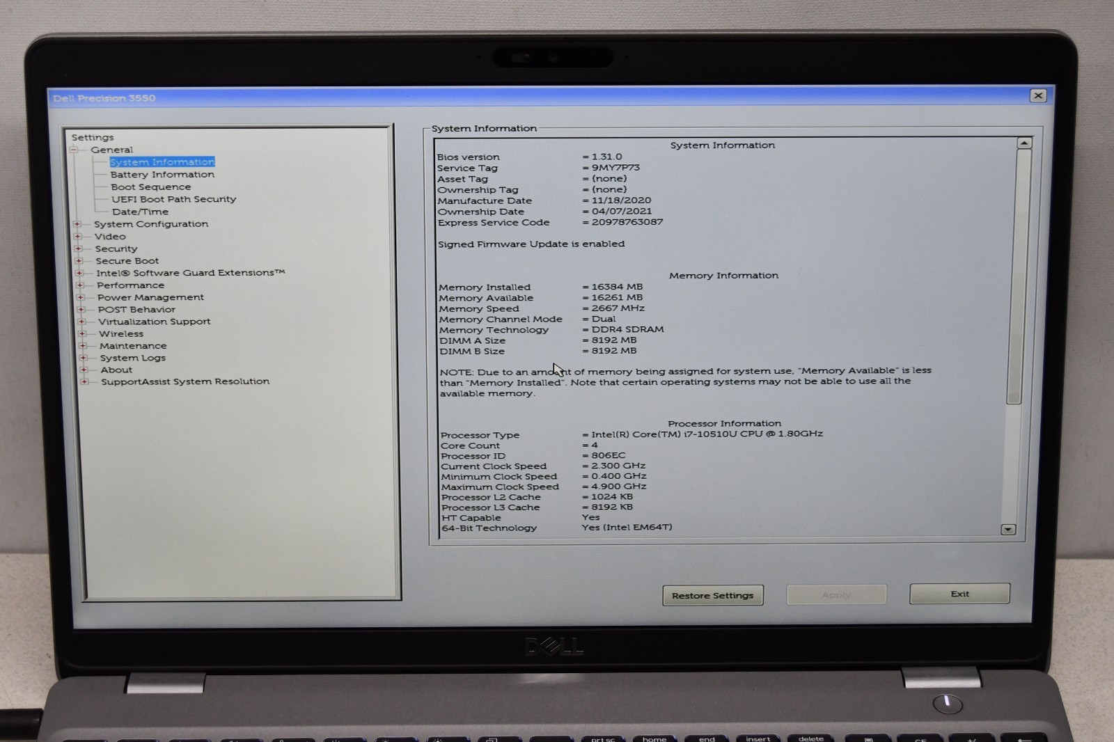 ^ Dell Precision 3550 15.6″ Intel i7-10510U @ 1.80GHz 16GB Ram No HD #X6993