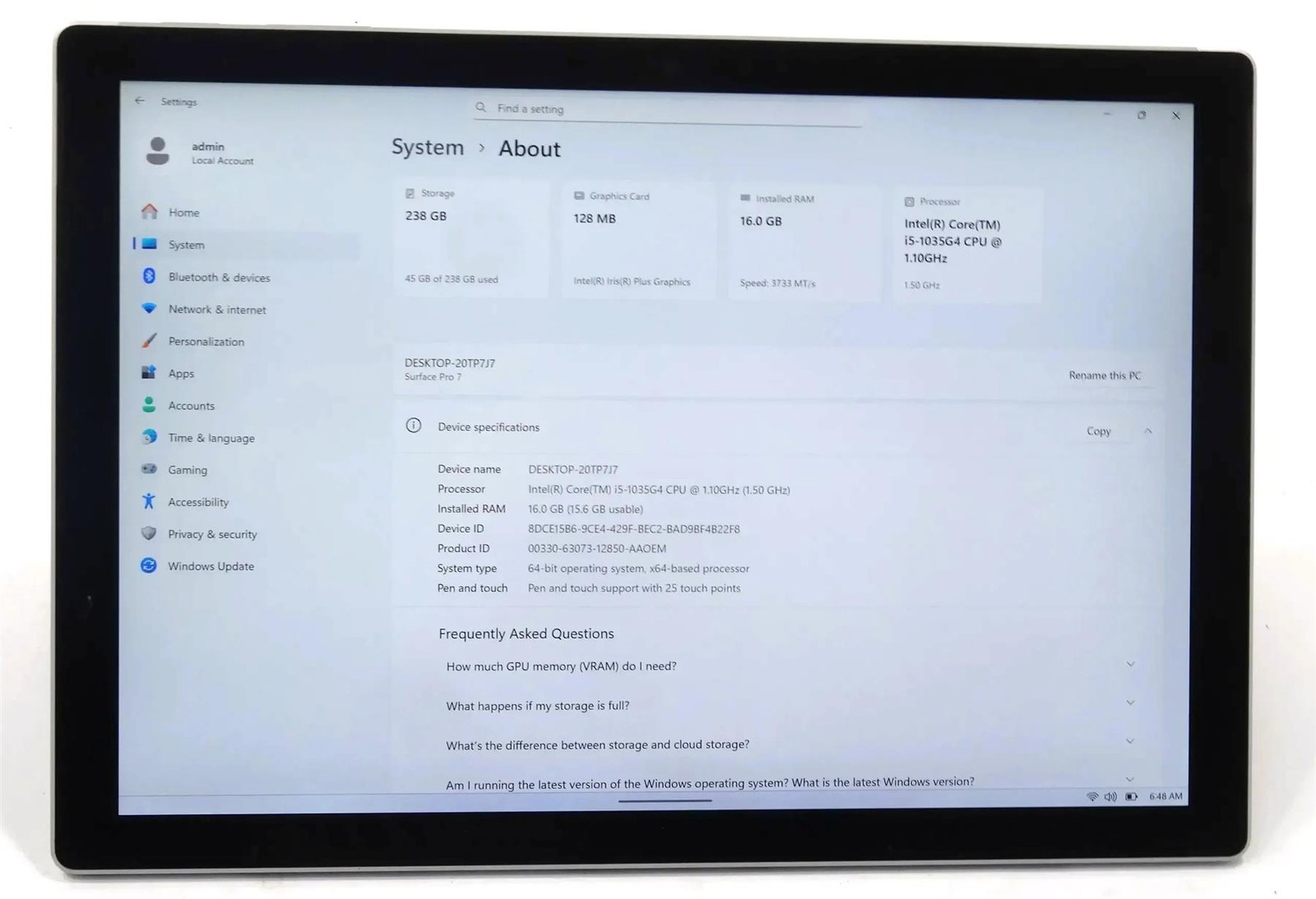 Microsoft Surface Pro 7 1866 Core i5-1035G4 1.10GHz 16GB 256GB