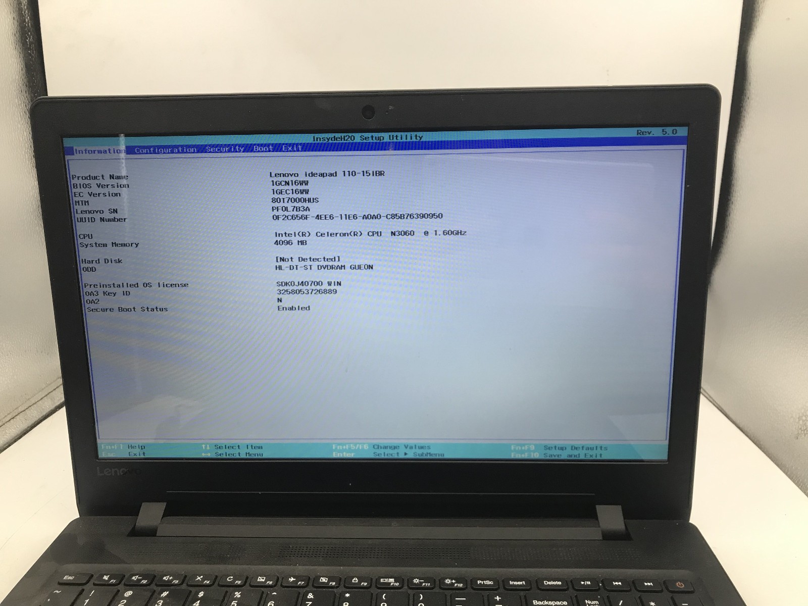 LENOVO IDEAPAD 110 15IBR -BOOTS TO BIOS- INTEL CELERON N3060 – 4GB RAM -READ- BB