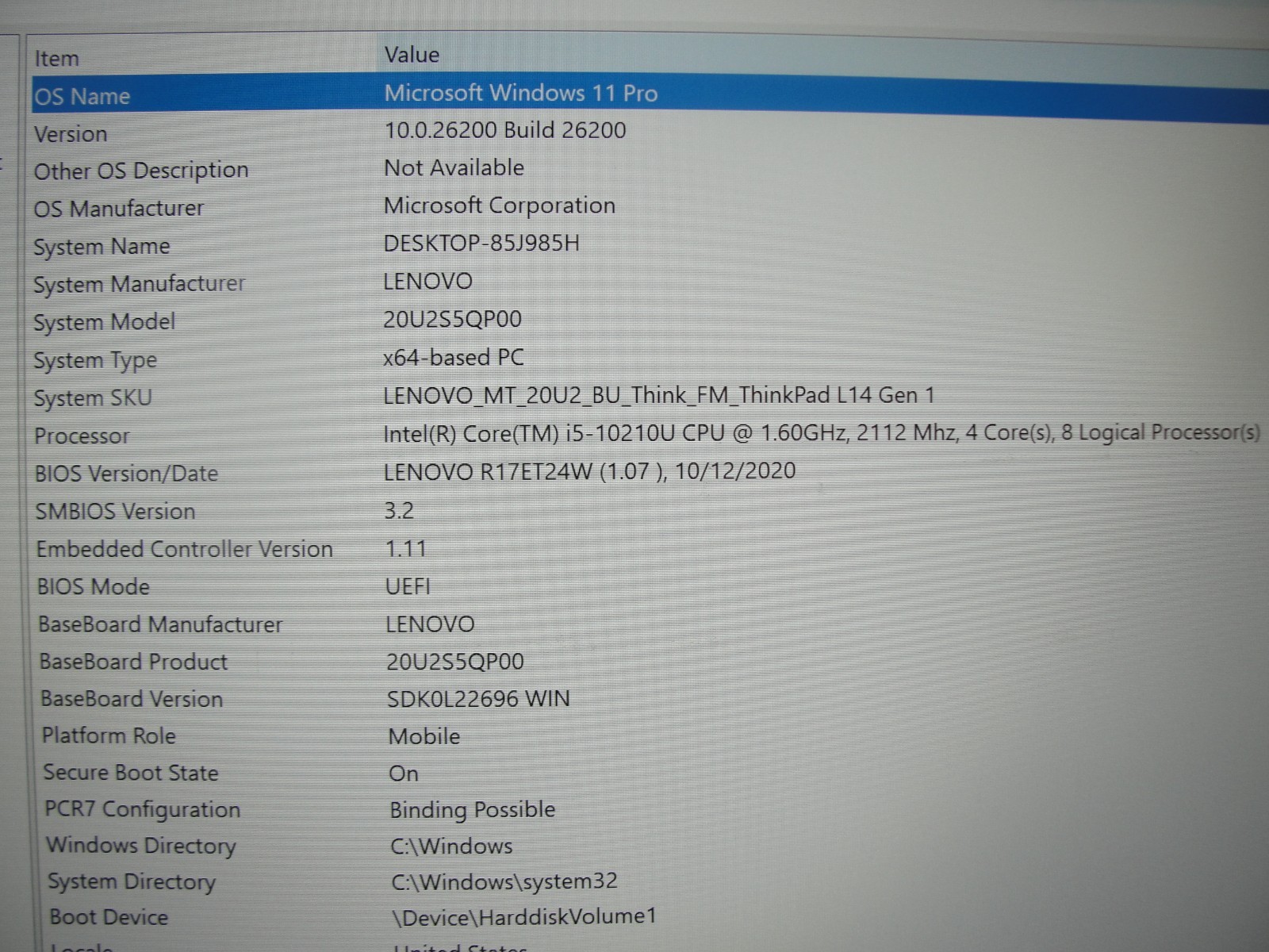 Lenovo ThinkPad L14 Gen 1 14”FHD Intel Core i5-10210U 1.6GHz 8GB RAM 256GB SSD