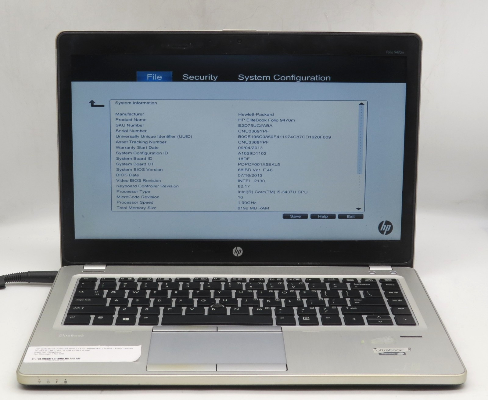HP EliteBook Folio 9470m | i5-3437U @ 1.9GHz | 8GB RAM | No HDD/OS